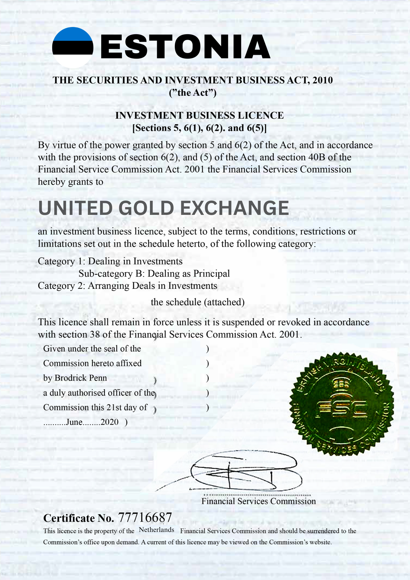 Bullion Dealer Certificate
